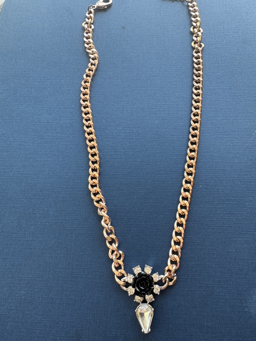 French Connection rose gold tone chain black rose Crystal Statement Necklace